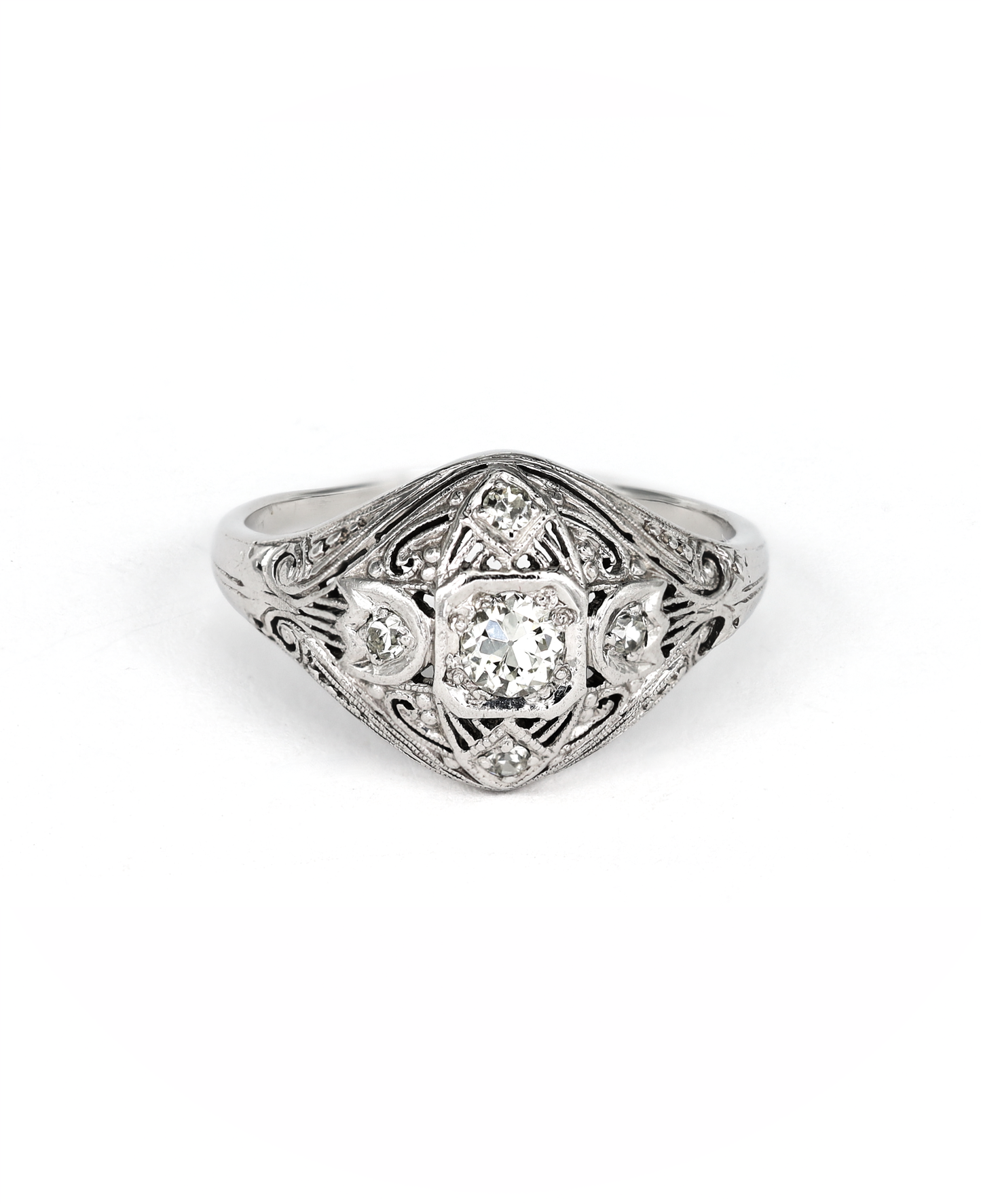 Edwardian Filigree Domed Ring With Round Diamonds