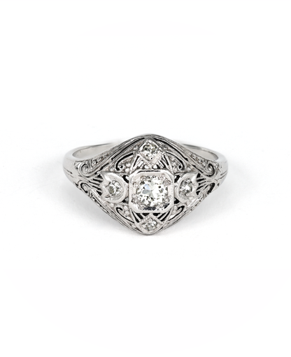 Edwardian Filigree Domed Ring With Round Diamonds