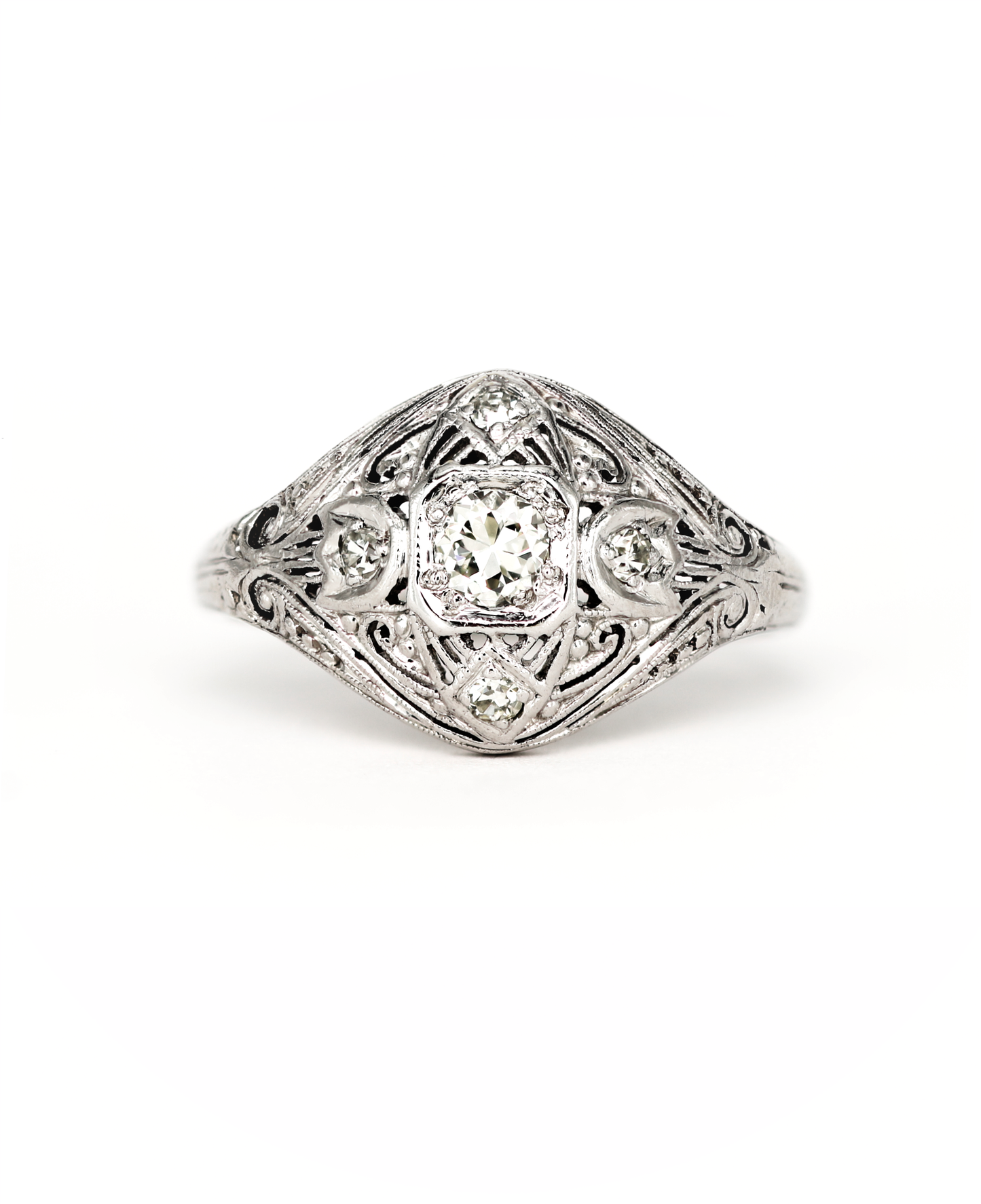 Edwardian Filigree Domed Ring With Round Diamonds