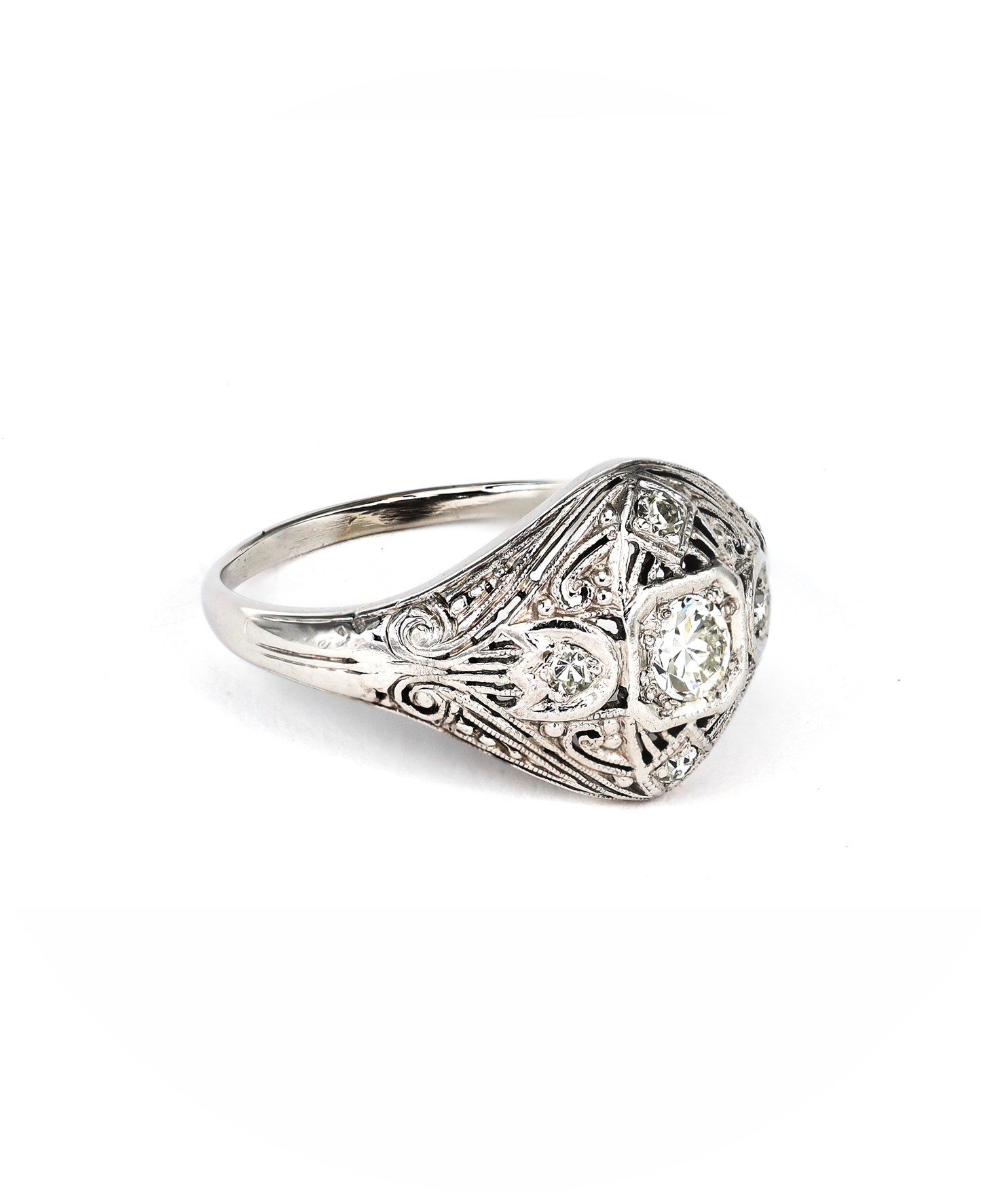 Edwardian Filigree Domed Ring With Round Diamonds