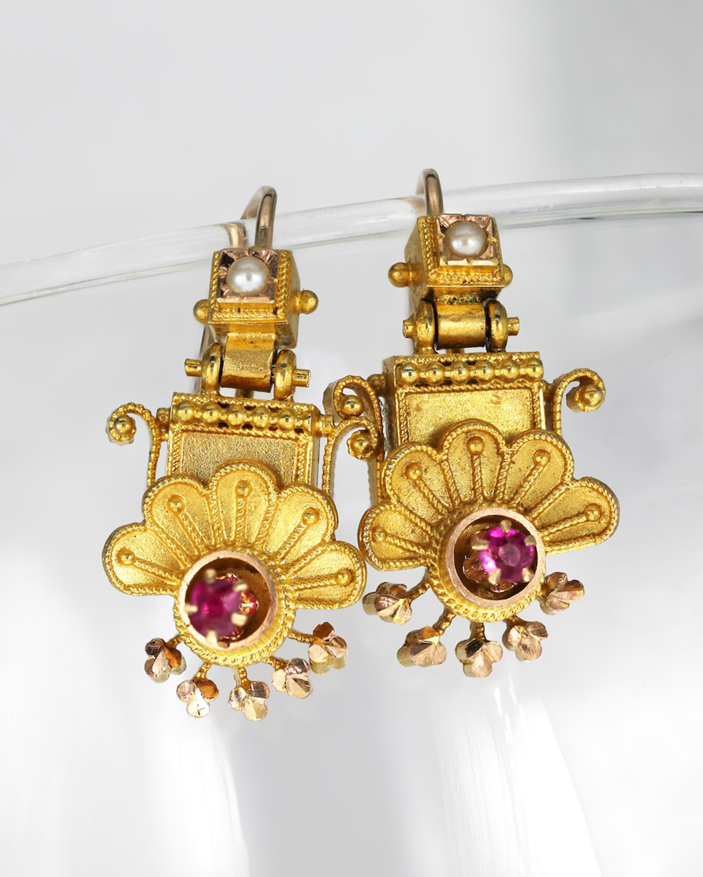 Etruscan Revival 1880s Ruby & Sea Pearl Earrings